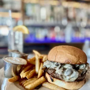 Mushroom and Swiss Burger with house fries