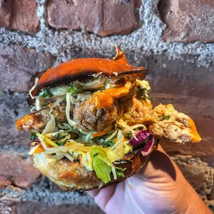 a hand holding a sandwich with meat and vegetables