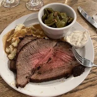 Roast Beef Special w green beans, mashed potatoes and gravy, and horseradish sauce.