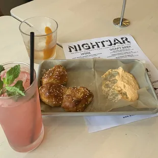 Watermelon Mojito and an Old Fashioned with pretzel bites and beer cheese