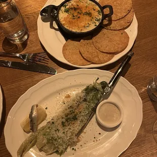 Spinach artichoke dip and charred Caesar salad