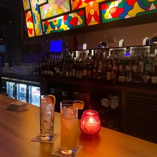 a bar with stained glass windows