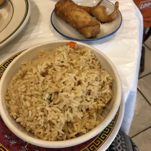 Big egg roll and fried rice and friend shrimp