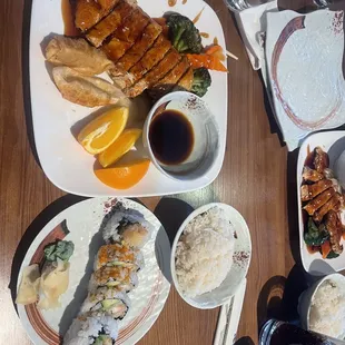 Bento Box: Chicken teriyaki, gyoza, shrimp tempura roll and was served miso soup all for 15$