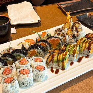 spicy tuna, dragon, crazy, boston, and spider rolls