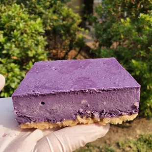 a hand holding a purple cake