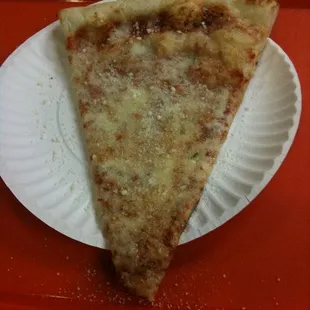 a slice of pizza on a paper plate