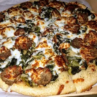 Italian Fried Greens Pizza. Added sliced meatballs.