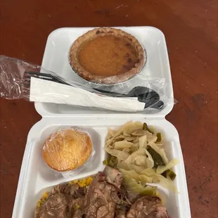 Lunch Special Smothered Turkey wings, Cabbage, Yellow rice, and Sweet Potato Pie