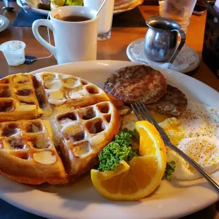 Belgium Waffle,eggs and sausage, a great breakfast at Nikki&apos;s Restaurant in Covington Washington