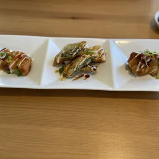 Nikko Sampler (left to right) - fried tofu, gyoza, fried shumai