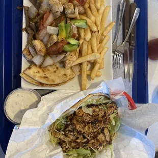 Gyro Chicken &amp; Gyro Combination Plate  Chicken pita sandwich with spicy chicken