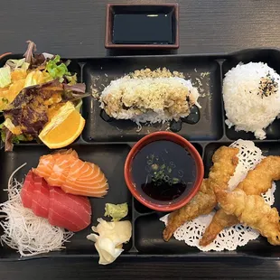 Bento Combo with 3 choices, Shrimp Tempura, Sashimi and Crunch Roll. It&apos;s sooo gooood!