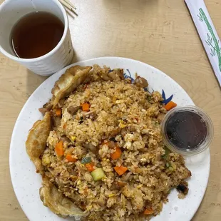 Spicy chicken fried rice with 3 Gyoza .. great flavor