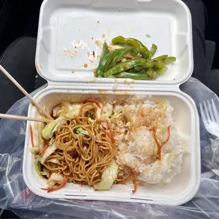 Sad wet noodles and rice with a pile of undercooked green bell peppers