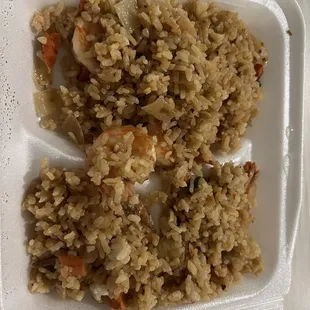 rice and shrimp in a styrofoam container