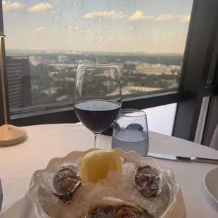 a plate of oysters and a glass of wine