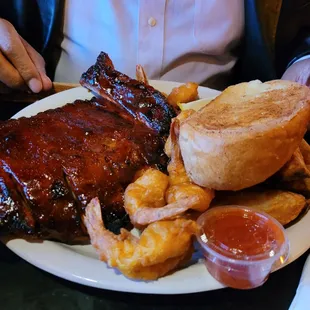 Rib and shrimp dinner