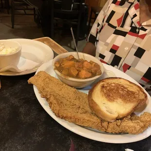 Fried Catfish Dinner with Sweet Potatoes and Garlic Bread