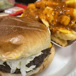 Carolina burger with chili cheese fries