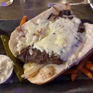 Steak sandwich and sweet potato fries