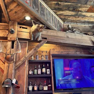 Behind bar. Rustic, very rustic.