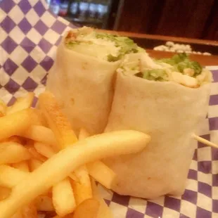 Chicken Caesar Wrap and fries, bout $12 and delicious
