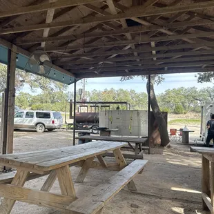 a picnic table and a truck