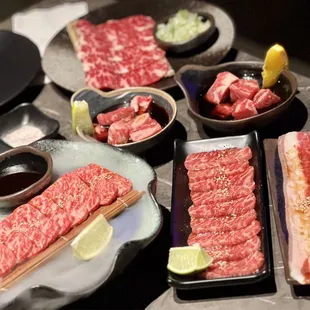 wagyu short rib (the best), wagyu zabuton, wagyu beef cube, angus short rib, angus flat plate, angus beef cube