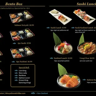 menu, sushi and sashimi