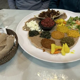 Vegetarian Combo plate with added 9. Lamb Tibs Firfir (deep fried lamb)