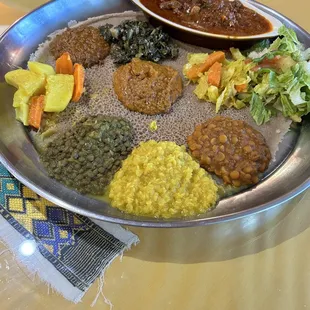 Vegetarian platter and lamb Tibs