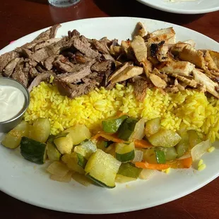 Combination platter: beef and lamb shawarma and chicken schwarma