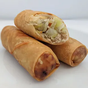 Eggrolls sold here, cabbage and ground pork.