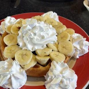 I hade Belgium waffle with bananas and blue berry jelly and it was yummy