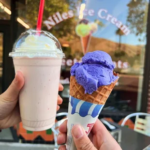 Strawberry banana smoothie and ube ice cream