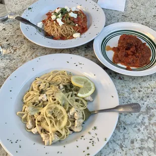 Angel Hair Pasta, with goat cheese, Lemon Linguine with Chicken, fresh house made meatball.  Every bite hot and delicious!!