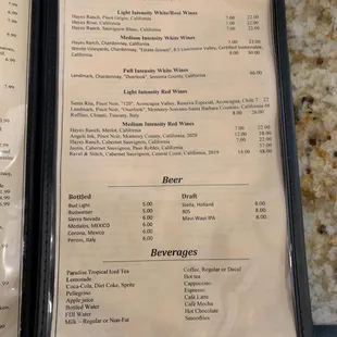 Wine and Beverage Menu