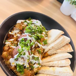 Smoked Eggplant with falafel and pita beards