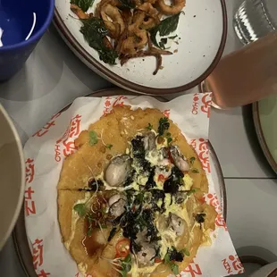 Seafood pancake and salt and pepper calamari