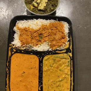 4/3/24 (wed): 2 item + 3rd free w/ Yelp check-in. Chicken Tikka Masala + Navratan Korma + Saag Paneer. Yums!