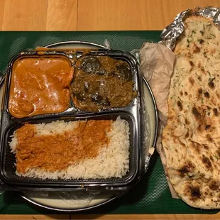 3rd item free w/ Yelp check-in. Tikka masala, eggplant special &amp; tandoori chx.