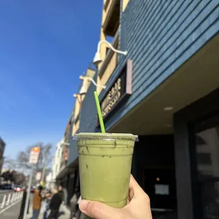 Iced matcha latte with oat milk