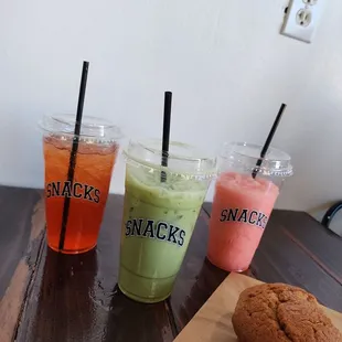 Dragons Blood, Brown Sugar Matcha, Sour Sandia, pumpkin mugfin.