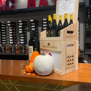 wine bottles and pumpkin