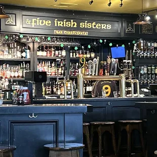 a bar with stools and tables
