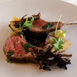 Lamb chops (globe artichoke, wood-grilled oyster mushroom, preserved Meyer lemon puree, salsa verde, kumquat) - Mercy of the Chef