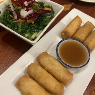 Egg rolls and seaweed salad