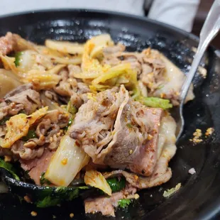 Dry pot with pork, beef, king mushrooms, spam, daikon, cabbage