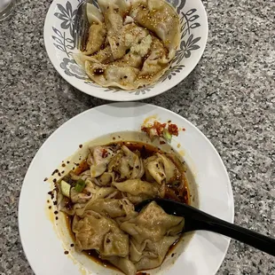 Wonton in chili oil and dumplings. I put the pepper to the side cause it got a kick to it. Dumplings were sweet and savory